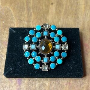 Liz Claiborne Silver Toned Faux Turquoise and Amber Brooch